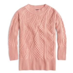 J. Crew Patchwork Coral Pink Wool Blend Cable Knit Tunic Sweater